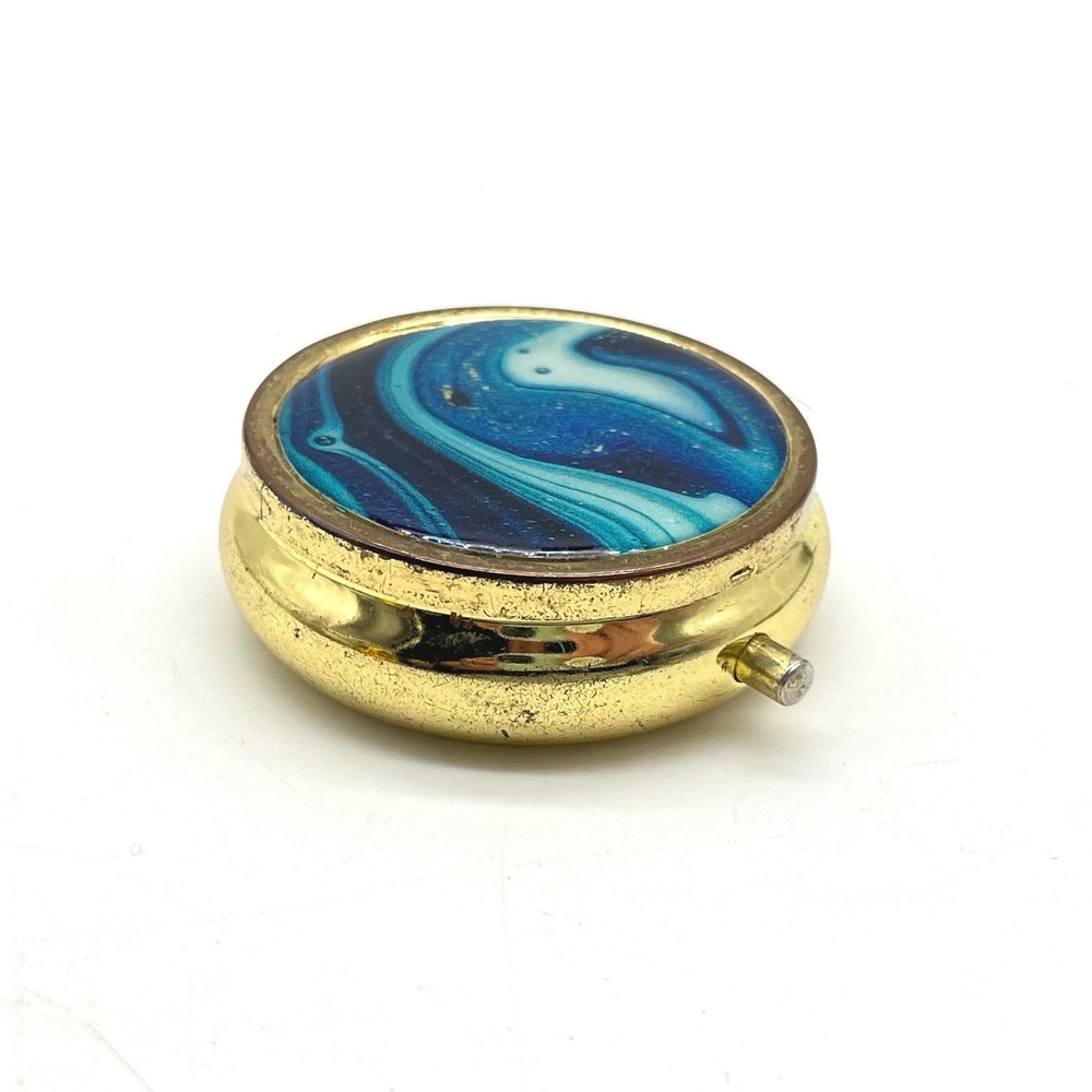 Vintage Gold Tone Round Pill Box Blue Marbled Enamelβ 3 Compartment Travel Case